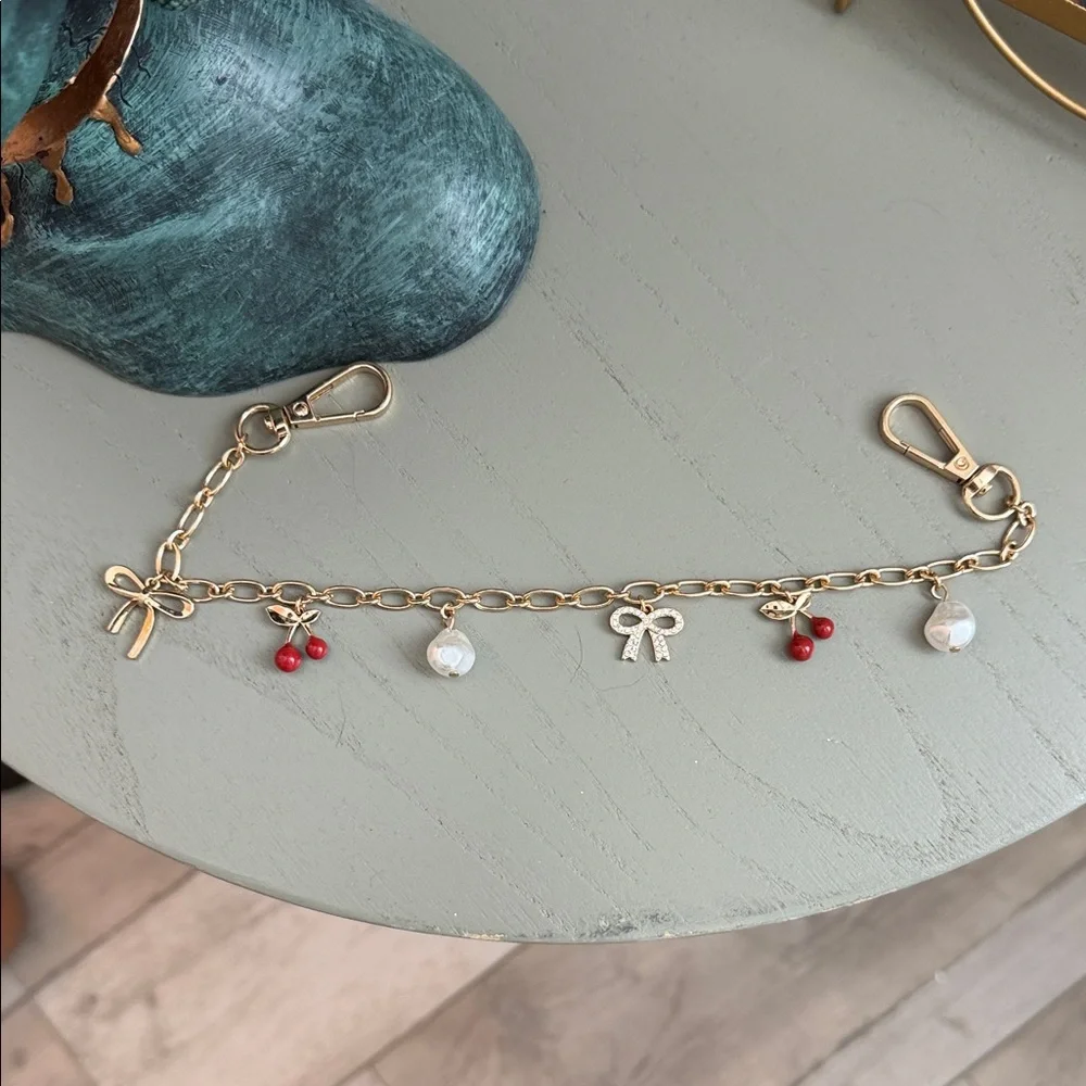 Gold Charm cell phone chain with Pearls & Red Beads